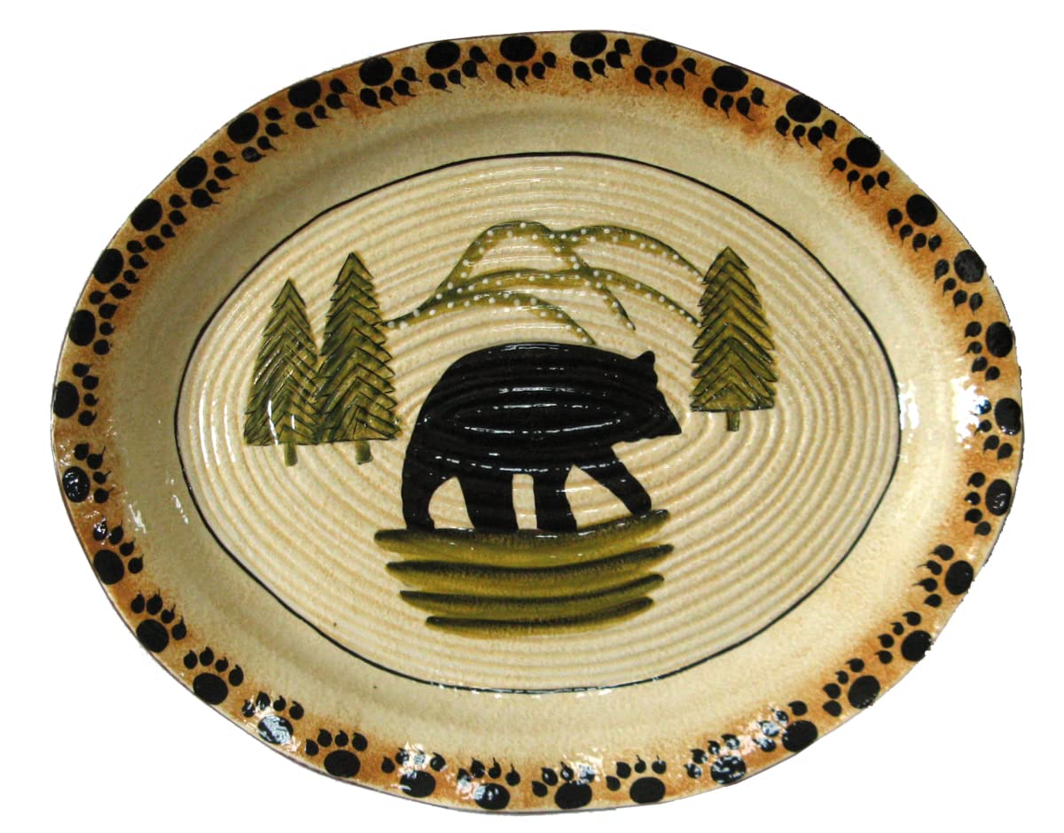 H HIEND ACCENTS Paseo Road Rustic Bear 1 Piece Ceramic Serving Platter, Rustic Cabin Lodge Style