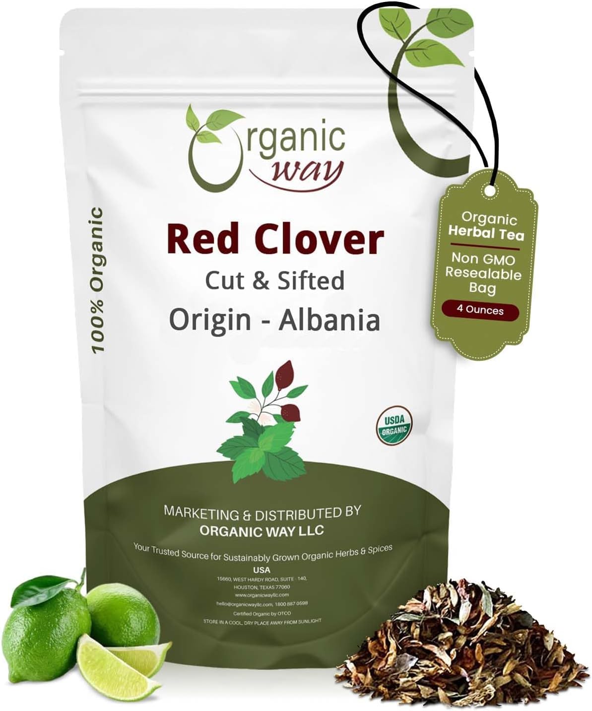 Organic Way Red Clover Flower Cut & Sifted (Trifolium pratense) - Herbal Tea | European Wild-Harvest | Organic & Kosher Certified | Non GMO & Gluten Free | USDA Certified | Origin - Albania (2Oz.)