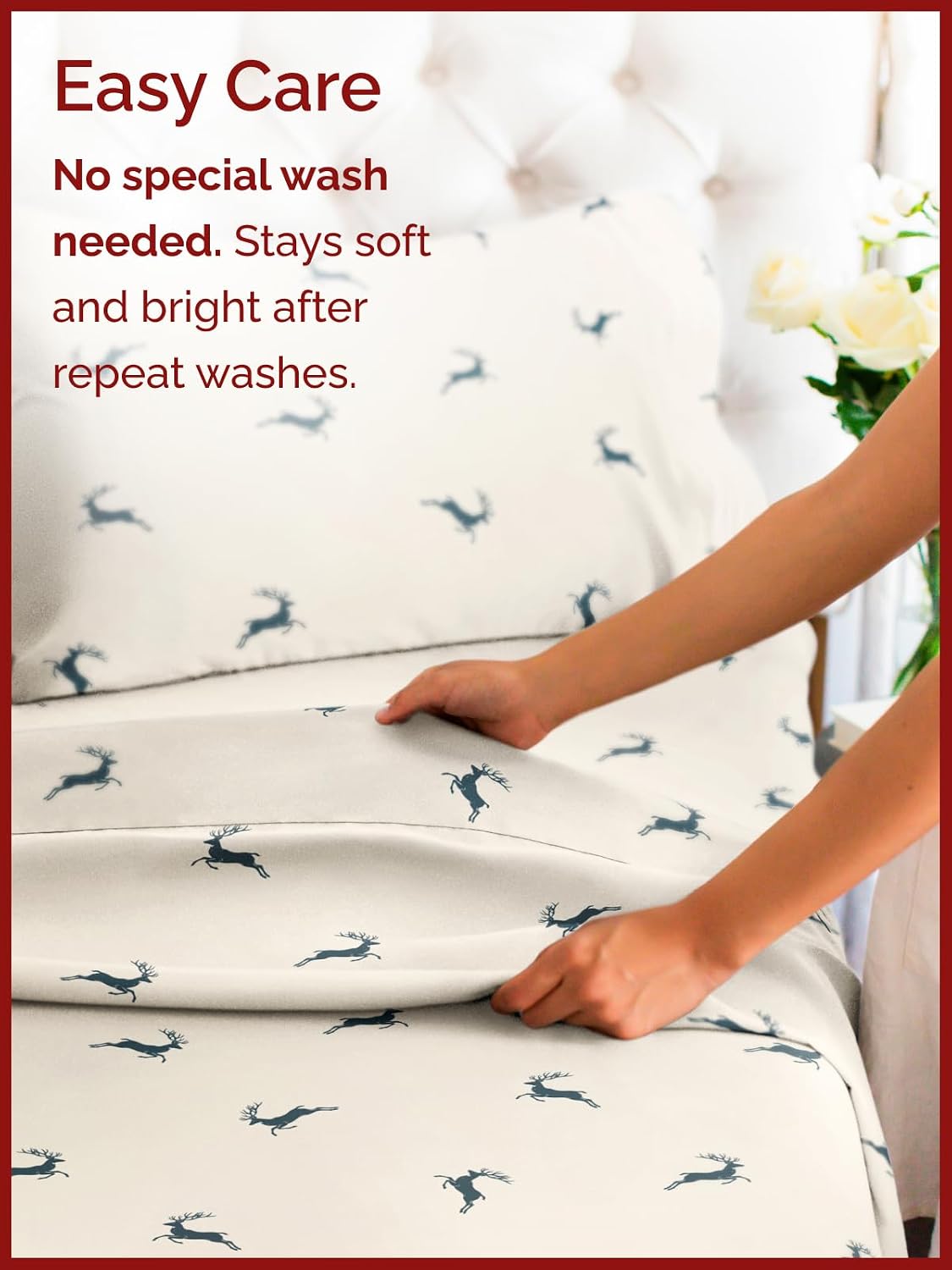 Queen Christmas Reindeer Sheet Set - Holiday Xmas Pattern Bedding Set - Deep Pockets - Snug Fit - 4 Piece - Wrinkle Free & Easy Care - Cozy Festive Winter - Holiday Sheets for Women, Men, Kids & Teens