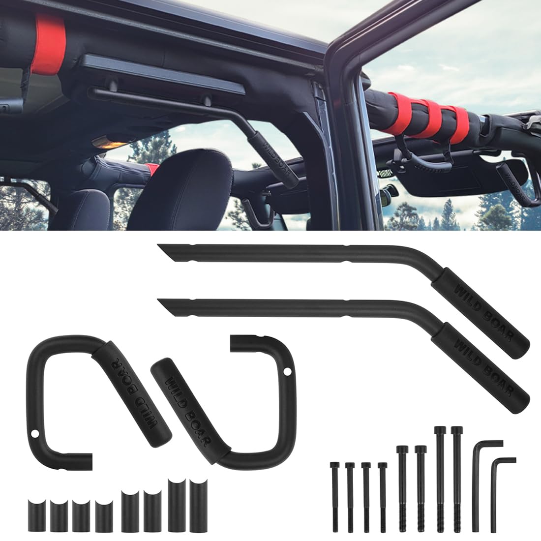 Car Wild Boar Front Grab Handles Grab bar Rear Front Grab Safety Handle，jtron Front & Rear Steel Grip Handles for Jeep Wrangler jk 07-19(Black)