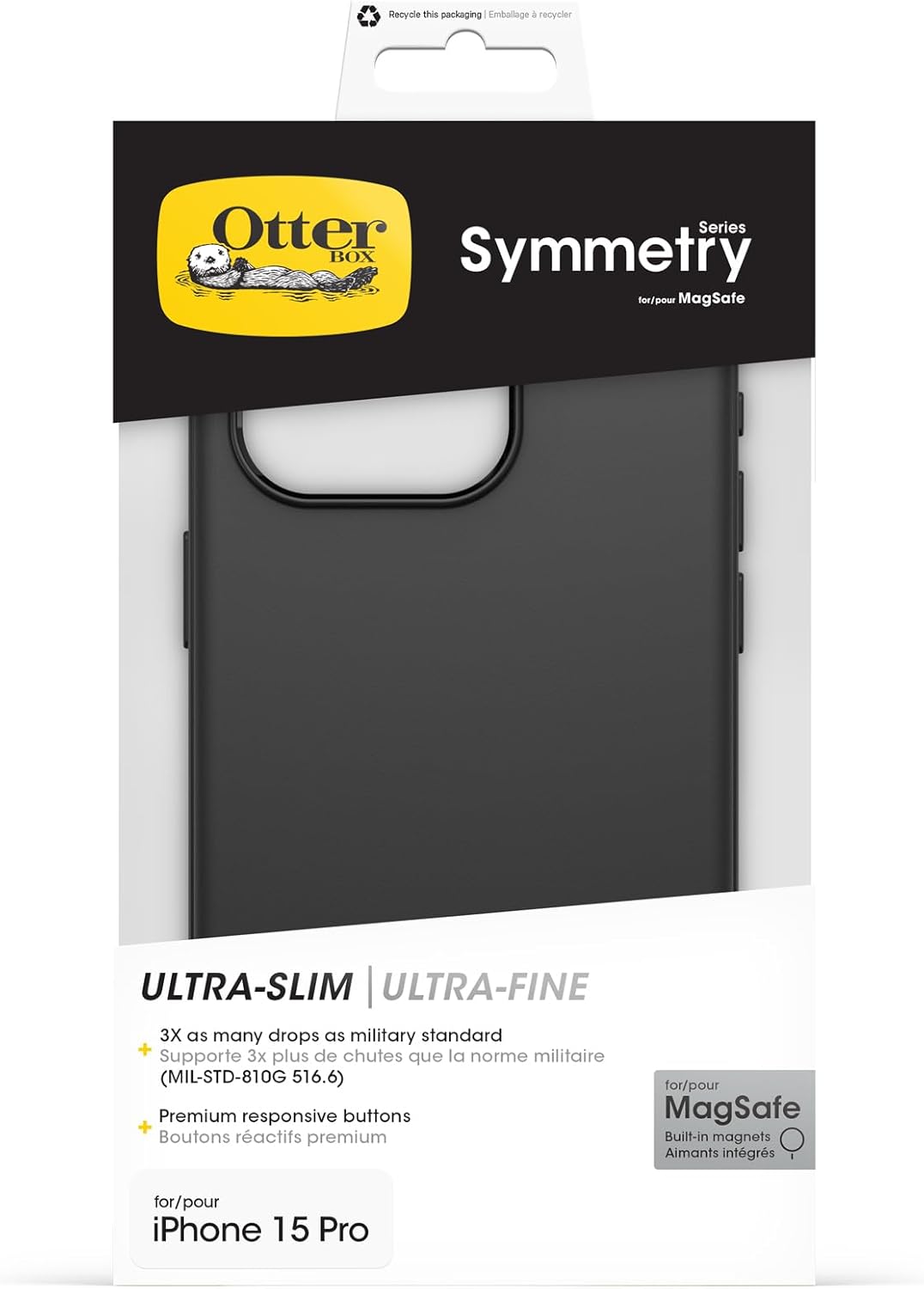 Otterbox Symmetry iPhone 15 Pro Case for MagSafe - Shockproof Drop Resistant - Slim Protective Case - 3X Military Grade Drop Tested - Black