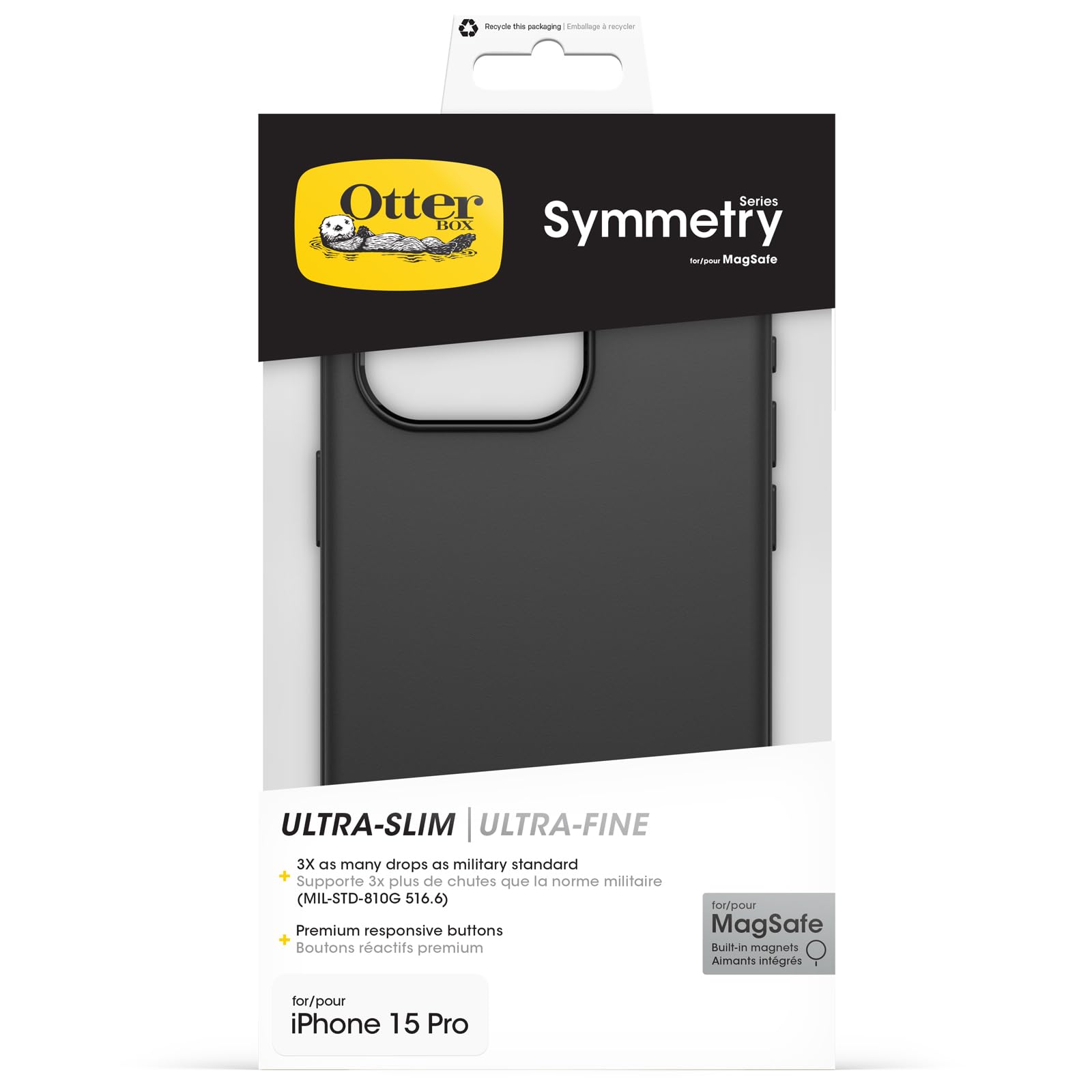 Otterbox Funda para iPhone 15 Pro Symmetry para MagSafe, Resistente a Golpes y caídas, Funda Protectora Fina, Testada 3X con los estándares Militares anticaídas, Negro