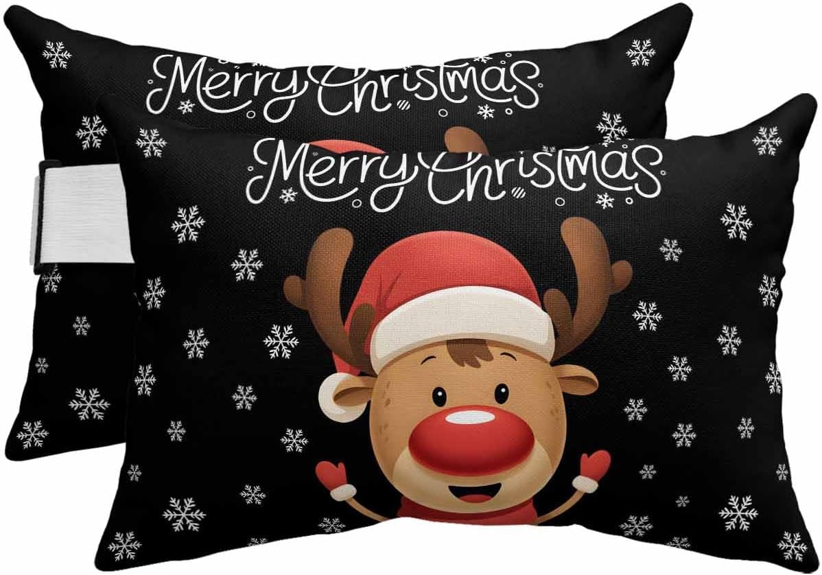 Pack of 2 Outdoor Lumbar Pillow Covers 11x16 Inch, Merry Christmas Waterproof Throw Pillow Covers Set, Red Winter Xmas Cartoon Deer Snowflake Indoor&Outdoor Cushion Cases for Patio Porch Beach