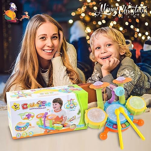 Cozybuy Kids Drum Set, Electronic Musical Instruments Toddlers Toys with 2 Drum Sticks, Beats Flash Light and Adjustable Microphone, Birthday Gift for 1-12 Years Old Boys and Girls 8 61InaKh+UBL. AC