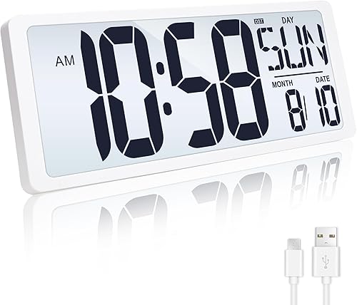 Miniatura 40 de TXL Reloj atómico con luz de fondo, reloj de pared digital grande de 14.2 pulgadas, funciona con pilas, reloj digital con pantalla grande con día