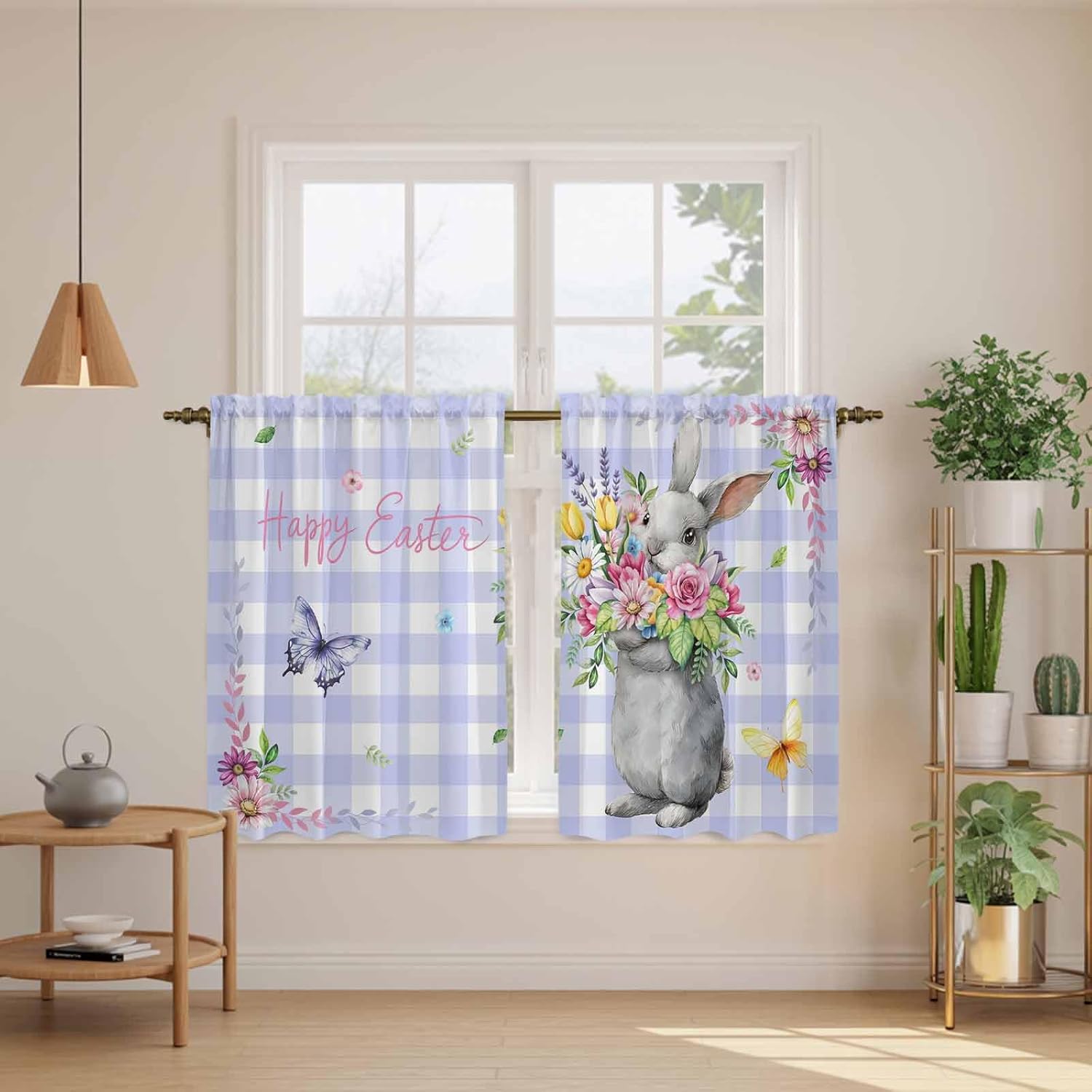 Happy Easter Kitchen Curtains, Cute Bunny Spring Flowers Butterfly Purple Plaid Light Filtering Window Curtain, 2Pcs Rod Pocket Window Treatments Set for Study Room Bathroom Bedroom 52x54 Inches