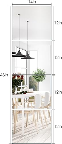 Miniatura 7 de Espejo de pared de vidrio de longitud completa de 14 x 12 pulgadas, 4 piezas, espejo de pared sin marco, azulejos de espejo adhesivos para