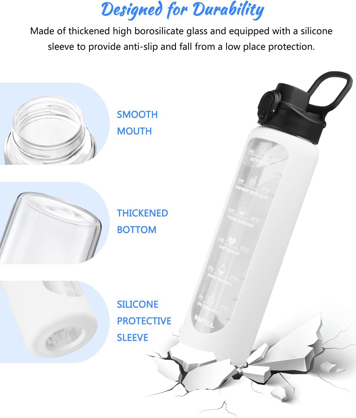 Nefeeko 32 oz Glass Water Bottles with Straw, Motivational Glass Water Bottle with Time Marker, 1 Liter BPA FREE Leakproof Reusable Glass Water Bottle with Silicone Sleeve, Bamboo Lid, Spout Lid - Image 6