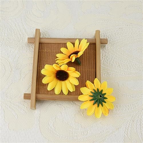 Miniatura 4 de 100 piezas de cabezas de flores artificiales, mini girasol falso, tela decorativa, flores artesanales, adornos florales para coronas, bodas