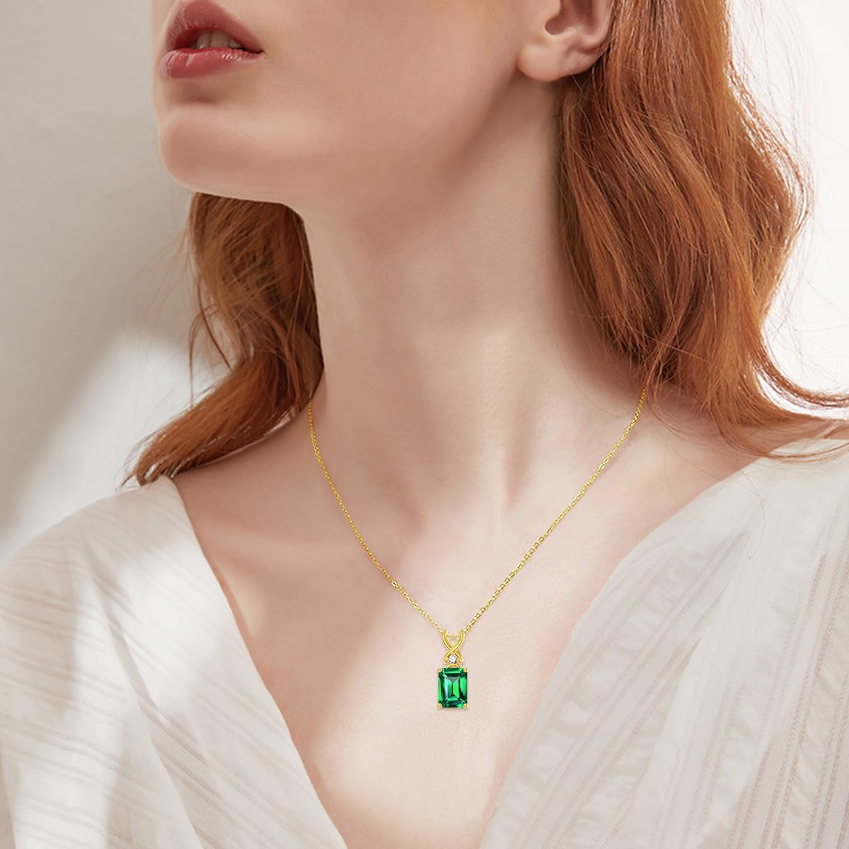 14k Gold Emerald-Cut Gemstone Birthstone Necklace with Real Diamond(I2-I3 Clarity),3 Carat Created Birthstone Anniversary Birthday Mother's Day Necklaces for Women Mom Her