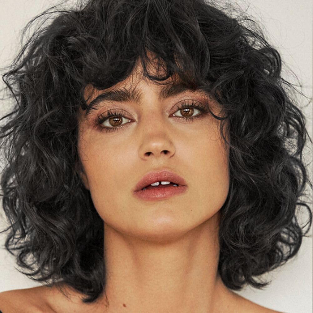 Kaneles Black Curly Short Wigs for Women Bob Wig with Bangs Natural Looking Synthetic Full Wigs for Cosplay Daily Party Use