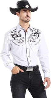 EL PIONERO Men's Floral and Horseshoe Embroidered Long Sleeve Retro Western Cowboy Shirt