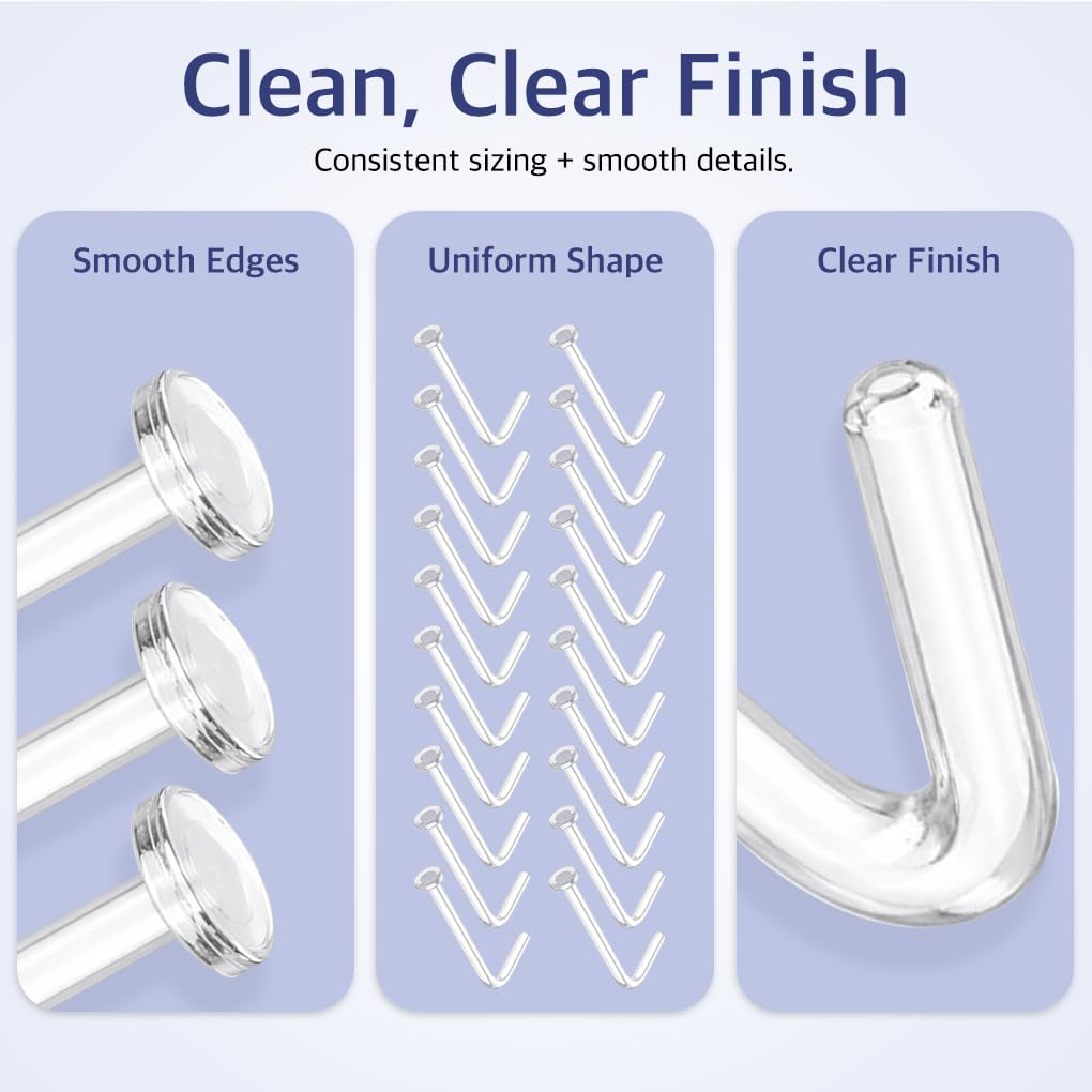 Vivid Works Clear Nose Studs for Work 20 Pack 18 Gauge - Clear Nose Rings 1mm | Invisible Flat Stud Plastic Piercing Retainer Cover for Surgery - Piercing Jewelry for Women and Men - 4