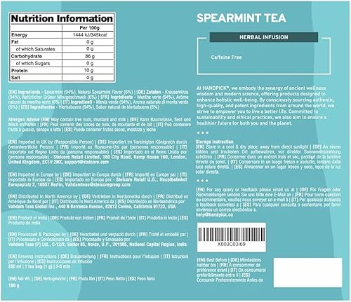 HANDPICK Krauseminze Tee | 100 Umweltfreundliche Runde Teebeutel | Koffeinfrei & Nicht-GVO | Aus 100% Reinen Krauseminzblättern | Minzetee, Spearmint Tea | Vakuumversiegelt