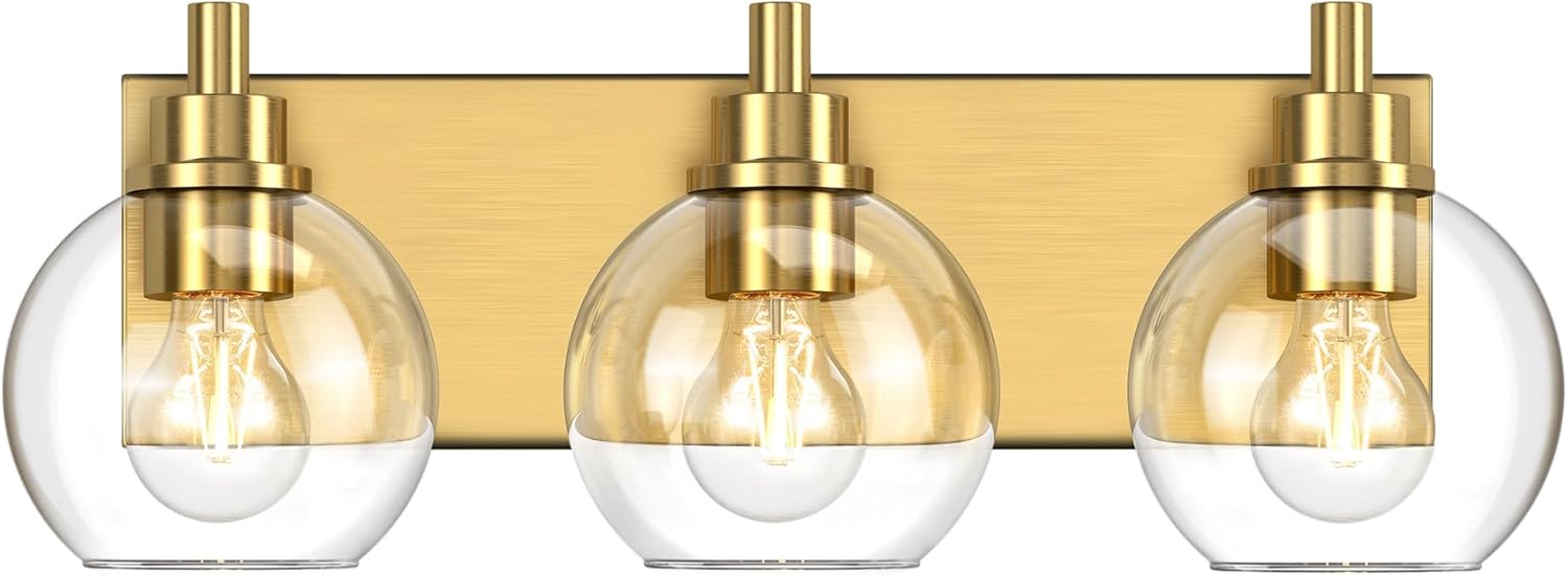 IZORRO Bathroom Light Fixtures, 3 Light Brushed Gold Vanity Light, Modern Wall Sconces with Globe Clear Glass Shade, Vanity Lighting Fixtures Over Mirror,E26 Bulb Socket