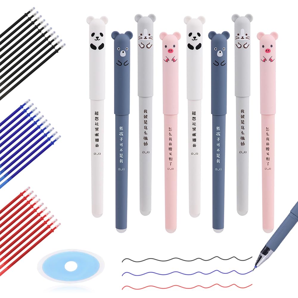 6 Pièces Stylos Animaux Effaçables, 0,5 Mm Bleu Stylos Gel