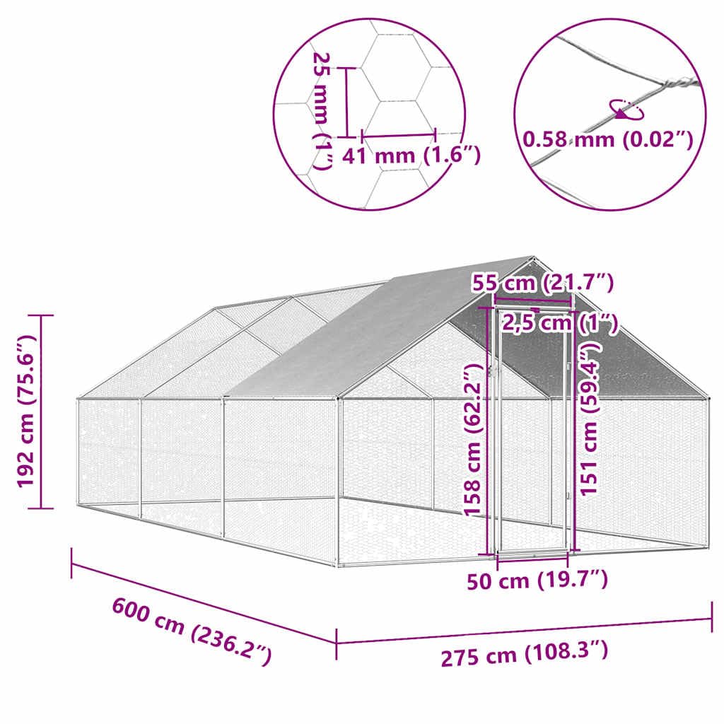 Zewnętrzna klatka dla kurcząt z ocynkowanej stali, 2,75 x 6 x 1,92 m, z dachem z polietylenu, zamykana wybieg dla małych zwierząt, woliera dla królików, świnek morskich, chomików, bezpieczna