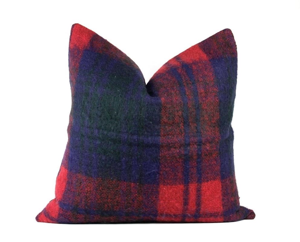 Red Plaid Navy Blue Designer Mohair Throw Pillow 24" x 24" Handmade Products