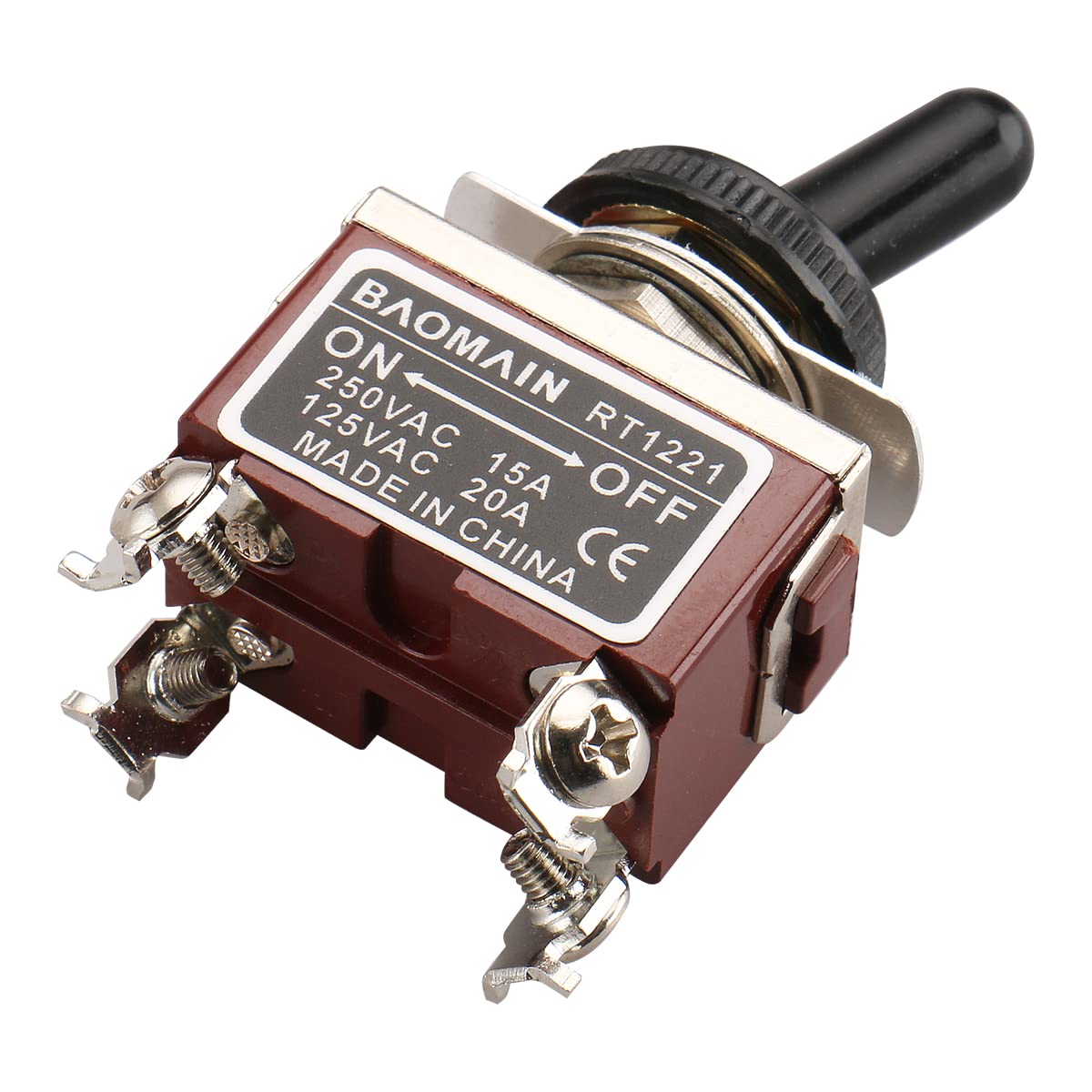 Baomain 1-Pack Waterproof Toggle Switch RT1221,DPST 4-Pin 2-Pin 15A/250V AC 20A/125V AC,12mm mounting Hole,Screw Terminal,for Household Appliances,Electronic Industrial Equipment