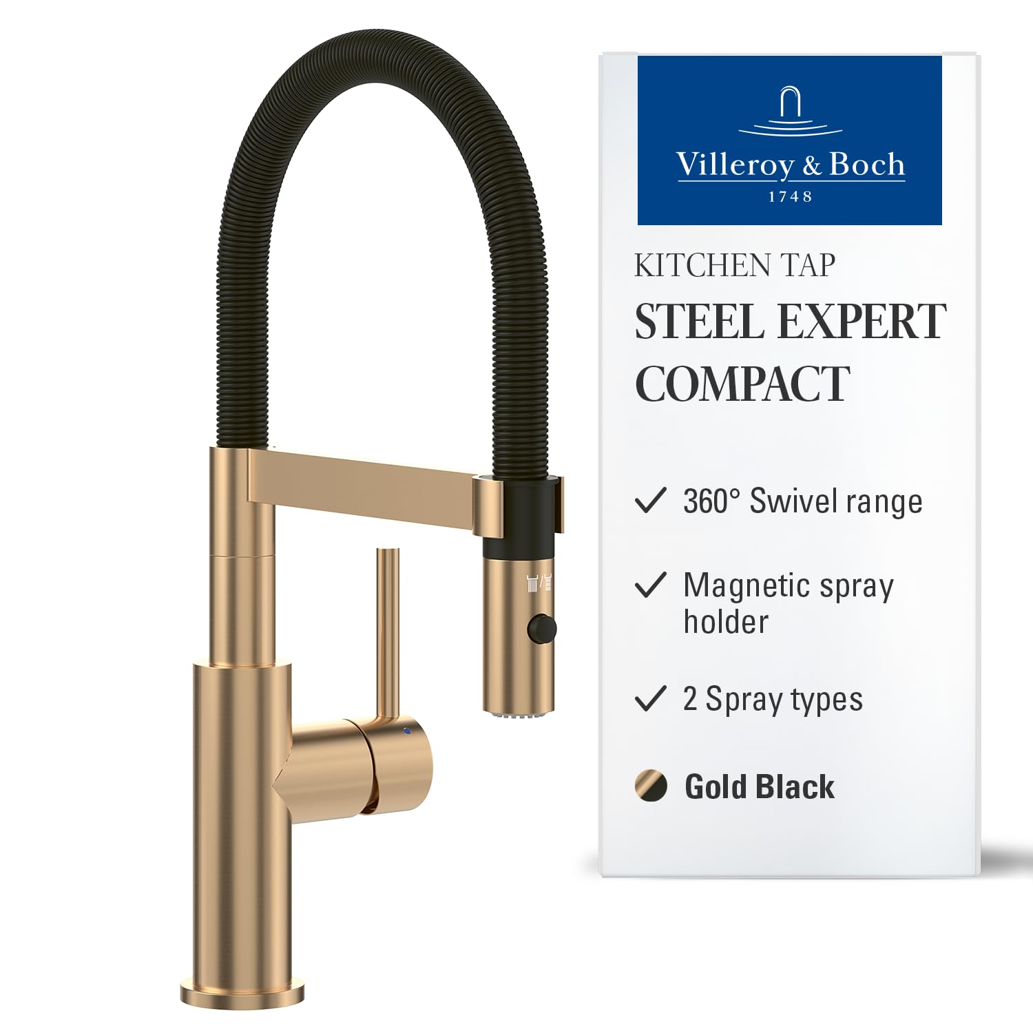 Villeroy & Boch Steel Expert Compact bateria kuchenna wysokociśnieniowa bateria kuchenna z funkcją odwracania i obrotową wylewką, bateria zlewozmywakowa, wysokość wylewki 143 mm, złoto-czarna