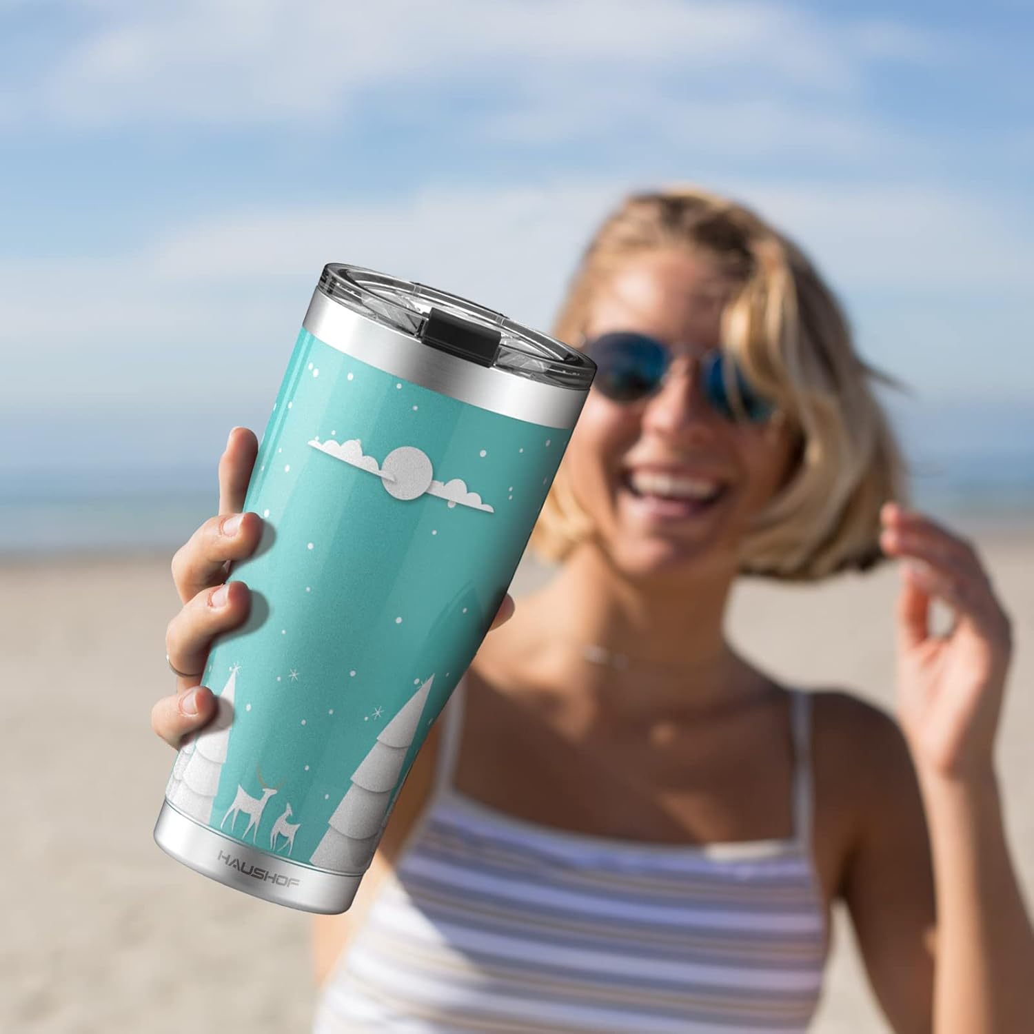 HAUSHOF 20oz Christmas Tumbler, Stainless Steel and Double Wall Insulated Travel Coffee Mug with Lid, Good Choice for Christsmas Gifts-Teal with Christmas Tree - Image 7