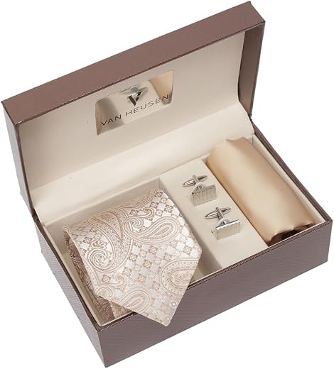 Men Beige Party Tie Pocket Square And Cufflink