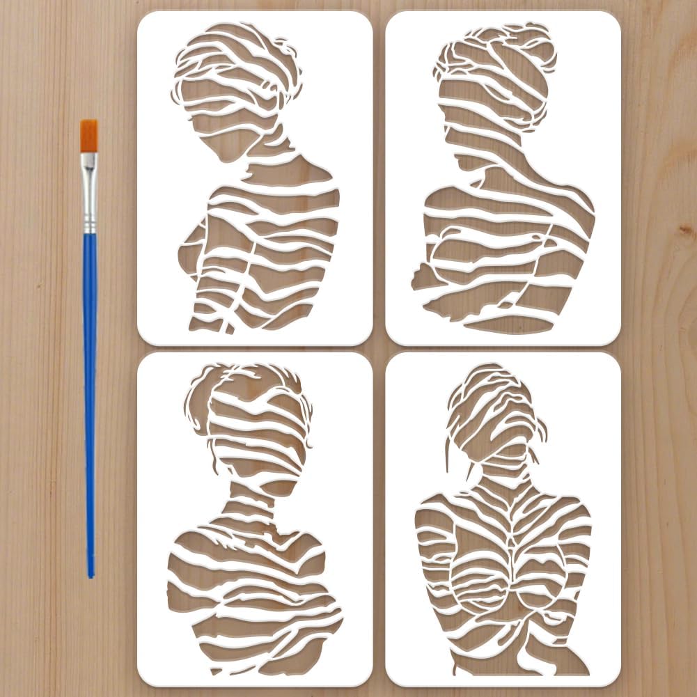 FINGERINSPIRE 4PCS Women Stencils 8.3x11.7 Inch Artistic Female Painting Stencil Abstract Figure Drawing Templates with a Brush for Painting on Canvas Furniture Wall Decoration DIY Projects