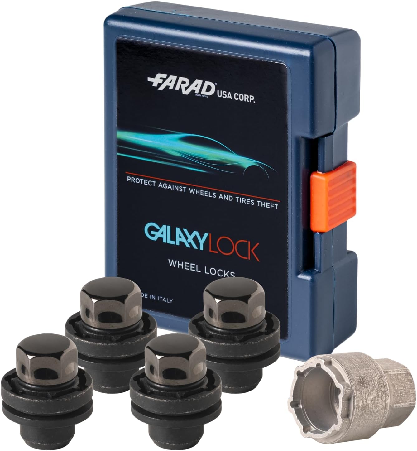 Farad GalaxyLock 382/MX Black Chromed Lug nut Wheel-Locks Kit Suitable for Lexus GX460 (M12 X 1.5 Thread Size) - Set of 4 Lug Nuts + 1 Key