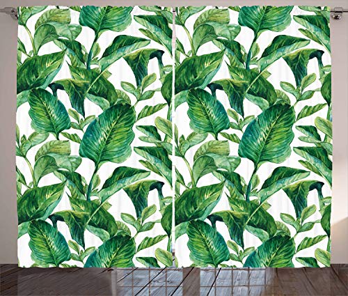 Ambesonne Leaf Curtains, Romantic Holiday Island Hawaiian Banana Trees Watercolored Image, Living Room Bedroom Window Drapes 2 Panel Set, 108