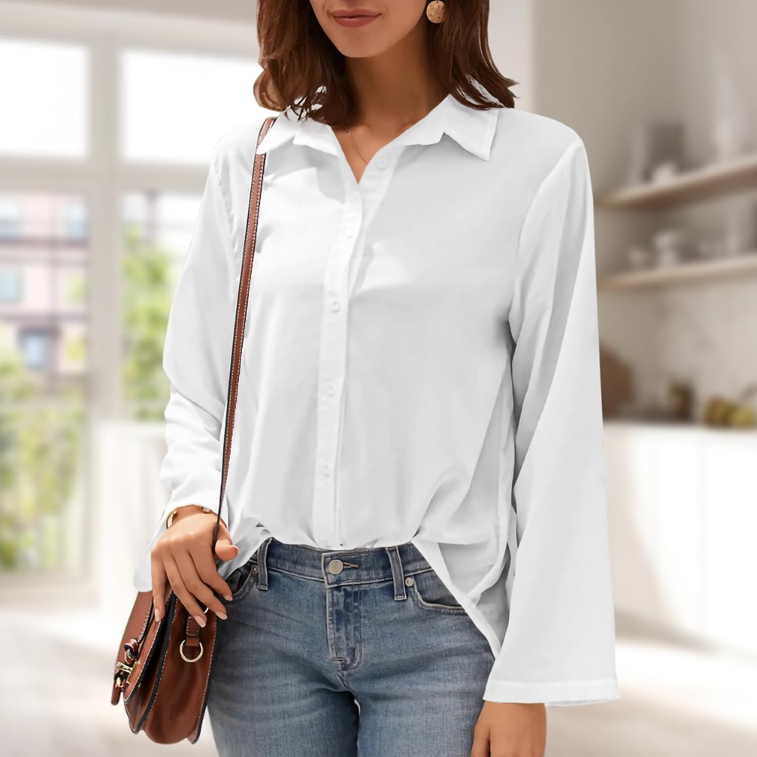 Womens Button Down Shirt Long Sleeve Collared Blouse Professional Office Work Elegant Formal Top - Image 2