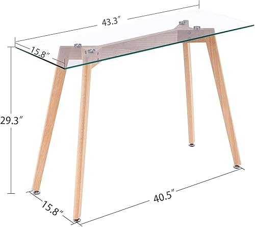 Miniatura 3 de ivinta TAM-WT - Escritorio de oficina de cristal, escritorio rectangular para computadora de 43 pulgadas con patas de madera maciza, mesa de tocador