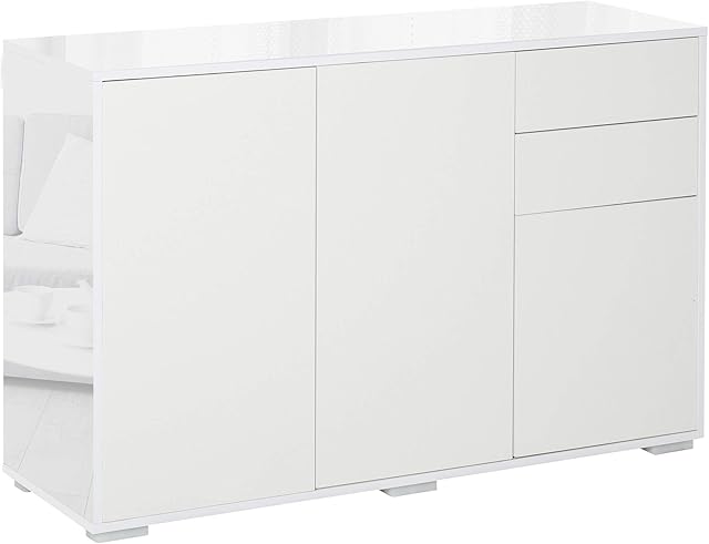 HOMCOM High Gloss Frame Sideboard, Side Cabinet, Push-Open Design with 2 Drawer for Living Room, Bedroom, White