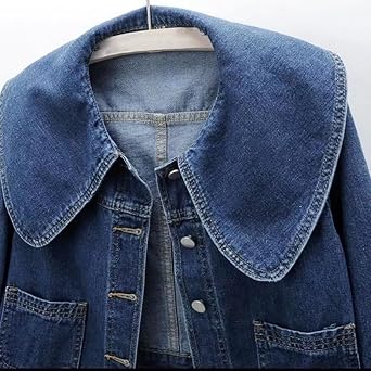 ASHER FASHION Womens Peter Pan Collar Jean Jacket Long Sleeve Cropped Denim Jackets Fall Button Jeans Coat with Pockets