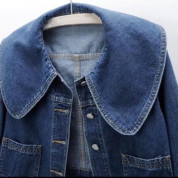 ASHER FASHION Womens Peter Pan Collar Jean Jacket Long Sleeve Cropped Denim Jackets Fall Button Jeans Coat with Pockets