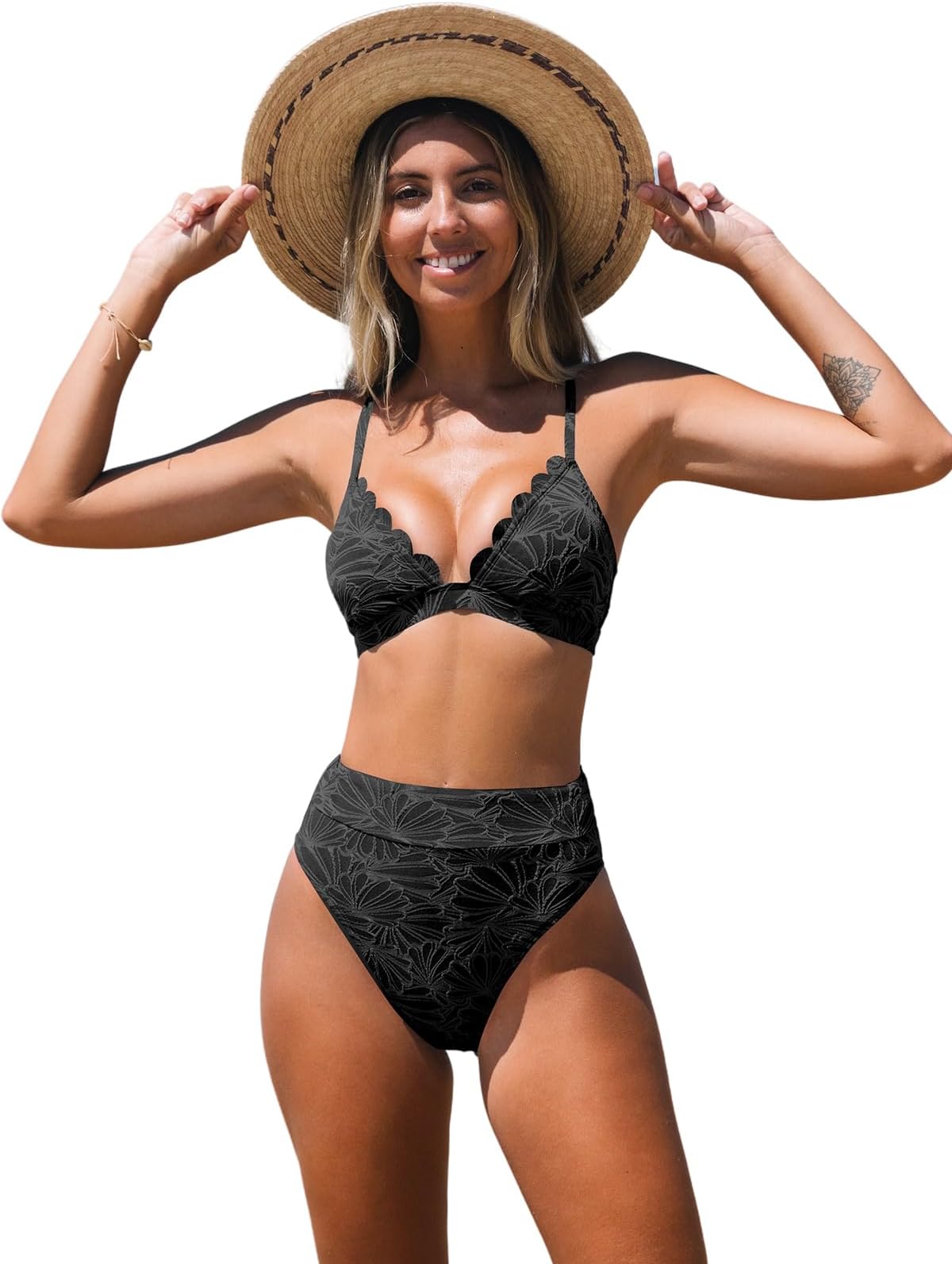 Women Bikini Set High Waisted Criss Cross Swimsuit Scalloped V Neck Two Pieces Push Up Bathing Suit