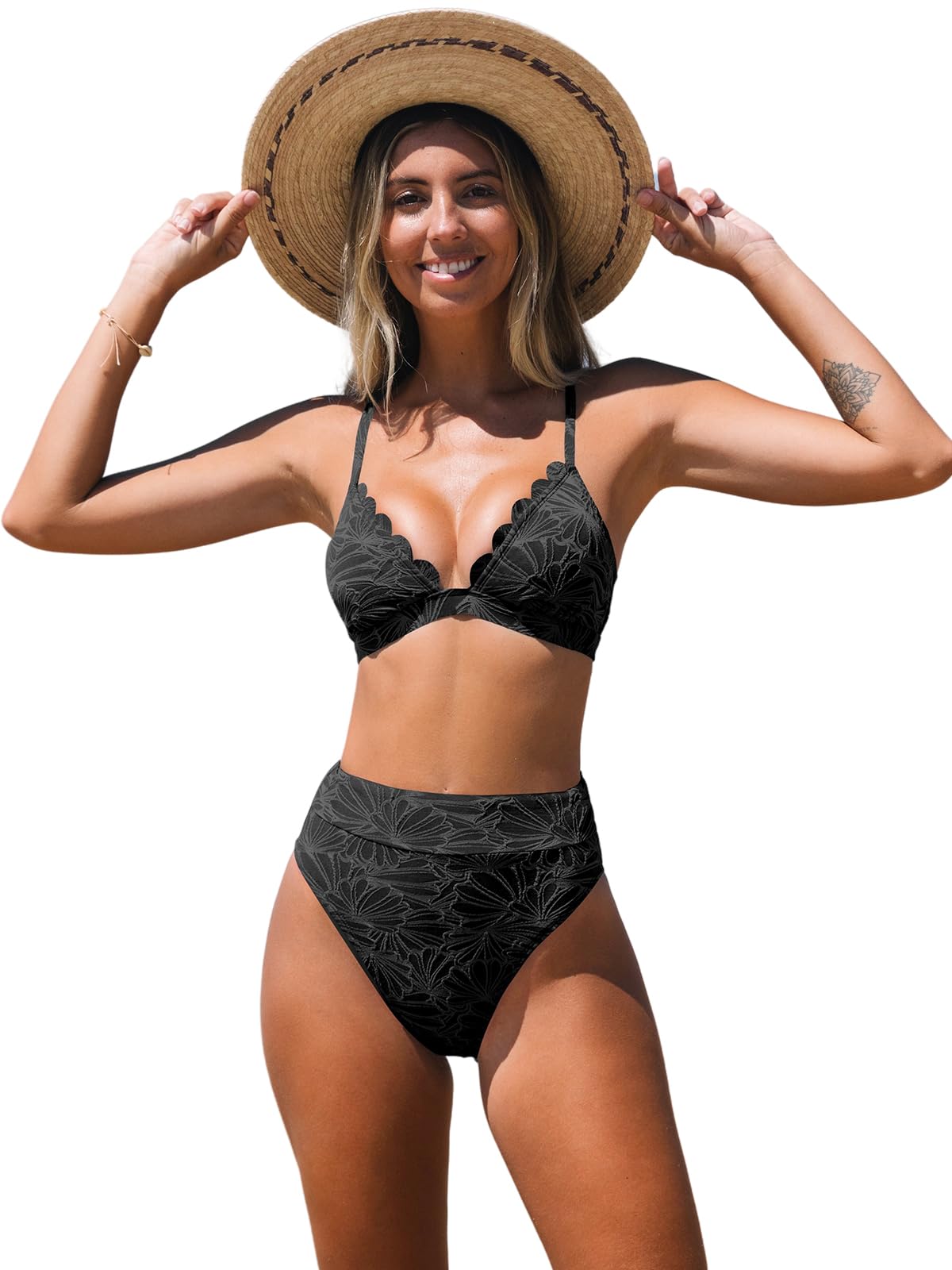 CUPSHE Women Bikini Set High Waisted Criss Cross Swimsuit Scalloped V Neck Two Pieces Push Up Bathing Suit