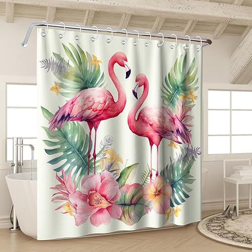 Miniatura 3 de Cortina de ducha con diseño de flamenco, diseño de animales románticos, hojas de palmera tropicales, verde salvia, floral, diseño natural, acuarela,