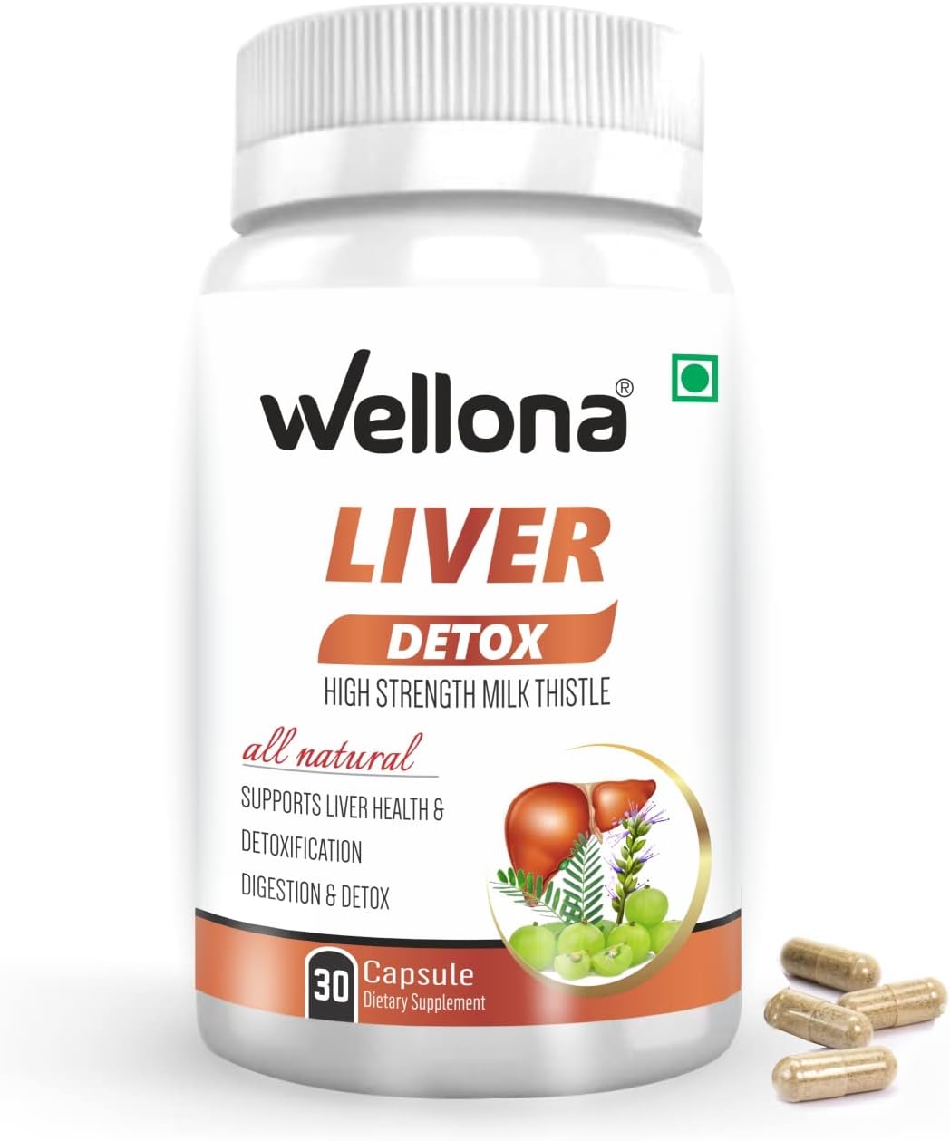 Wellona Liver Detox Supplement for Men & Women Cleanse & Repair Formula with Milk Thistle, Amla, Dandelion and Turmeric for Fatty Liver Support and Healthy Digestion (30 Capsules)