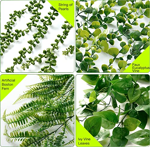 Sggvecsy Fake Hanging Plants 4 Pack Artificial Hanging Plants Fake Potted Greenery Faux Eucalyptus Vine String Of Pearls Boston Fern Ivy Vine Leaves For Home Indoor Outdoor Shelf Wall Garden Decor #TOP5