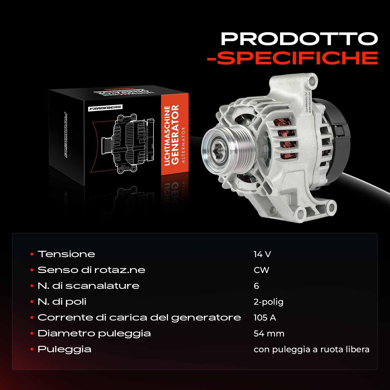 Frankberg Alternatore-generatore 120A con puleggia a ruota libera 13222935 | 120A, con puleggia a ruota libera, 13222935; Compatibile con: Corsa D S07, Corsa MK III (D) S07, Agila (B) H08