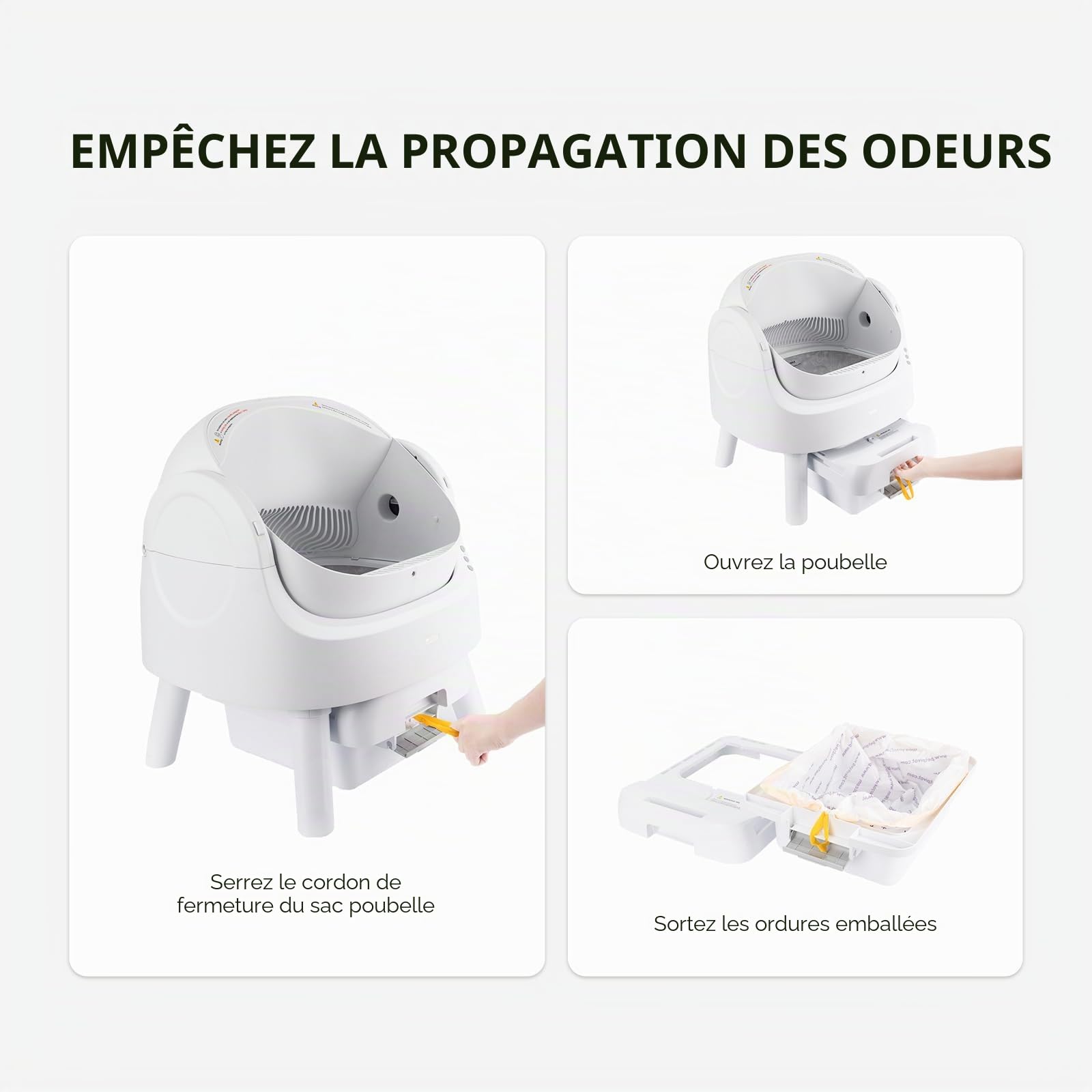 PetPivot 60 sacs à poignées pour bac à litière autonettoyant, sacs à litière résistants avec cordon pour PetPivot(3 rouleaux)