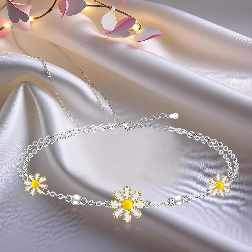 Daisy Bracelet for Women Daisy Gifts Jewelry Adjustable Flower Bangle Bracelets Sterling Silver Sunflower Bracelet Chain Bead Sun Wildflowers Floral - Image 5