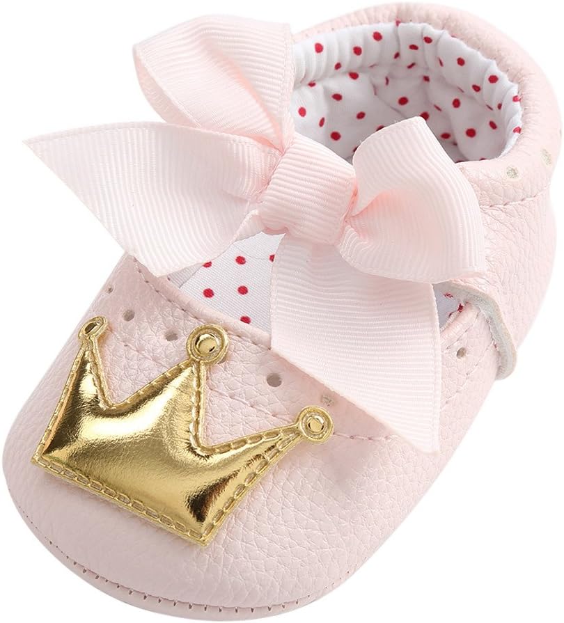 SHOBDW Girls Shoes, Newborn Infant Baby Girls Crib Soft Sole Anti-Slip Sneakers Cute Sweet Bowknot Shoes (6-12 Months, S-Crown-Gold)