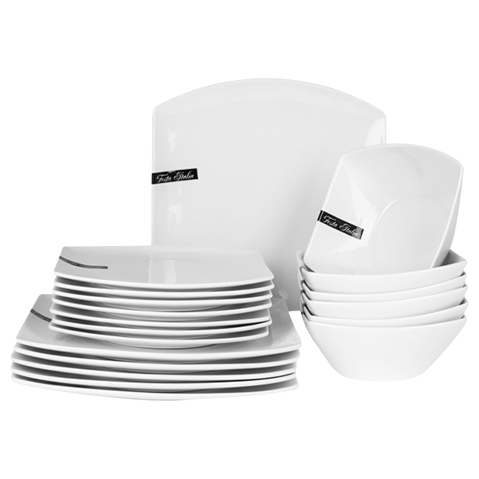 Geschirrset 6 Personen - 18 Teilig - Tellerset aus Porzellan - Weiß Essgeschirr Set - Schüssel- und Tellerset - Modern Tafelservice - Teller - Essservice - Geschirr Set 6 Person