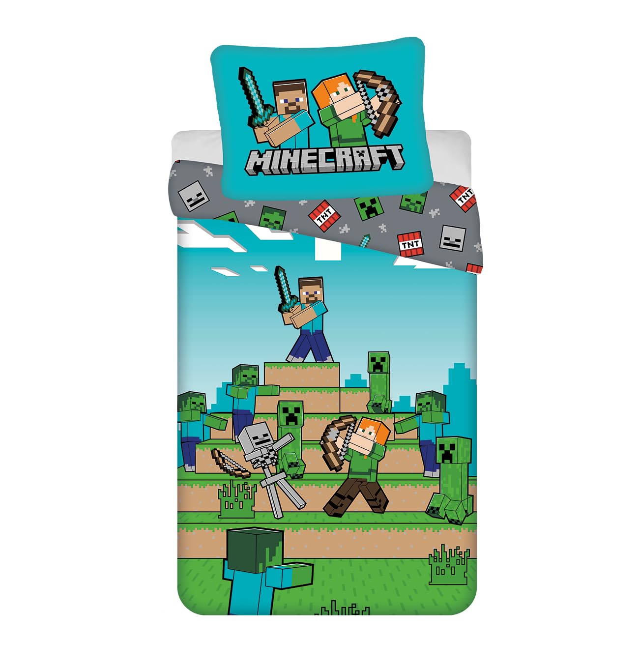 Minecraft Single Size Bedding Set | Duvet Cover 140x200 cm + Large Pillowcase 70x90 cm, 100% Cotton | Soft & Breathable Bed Linen for Kids | Reversible Minecraft Duvet Cover with Zipper Closure