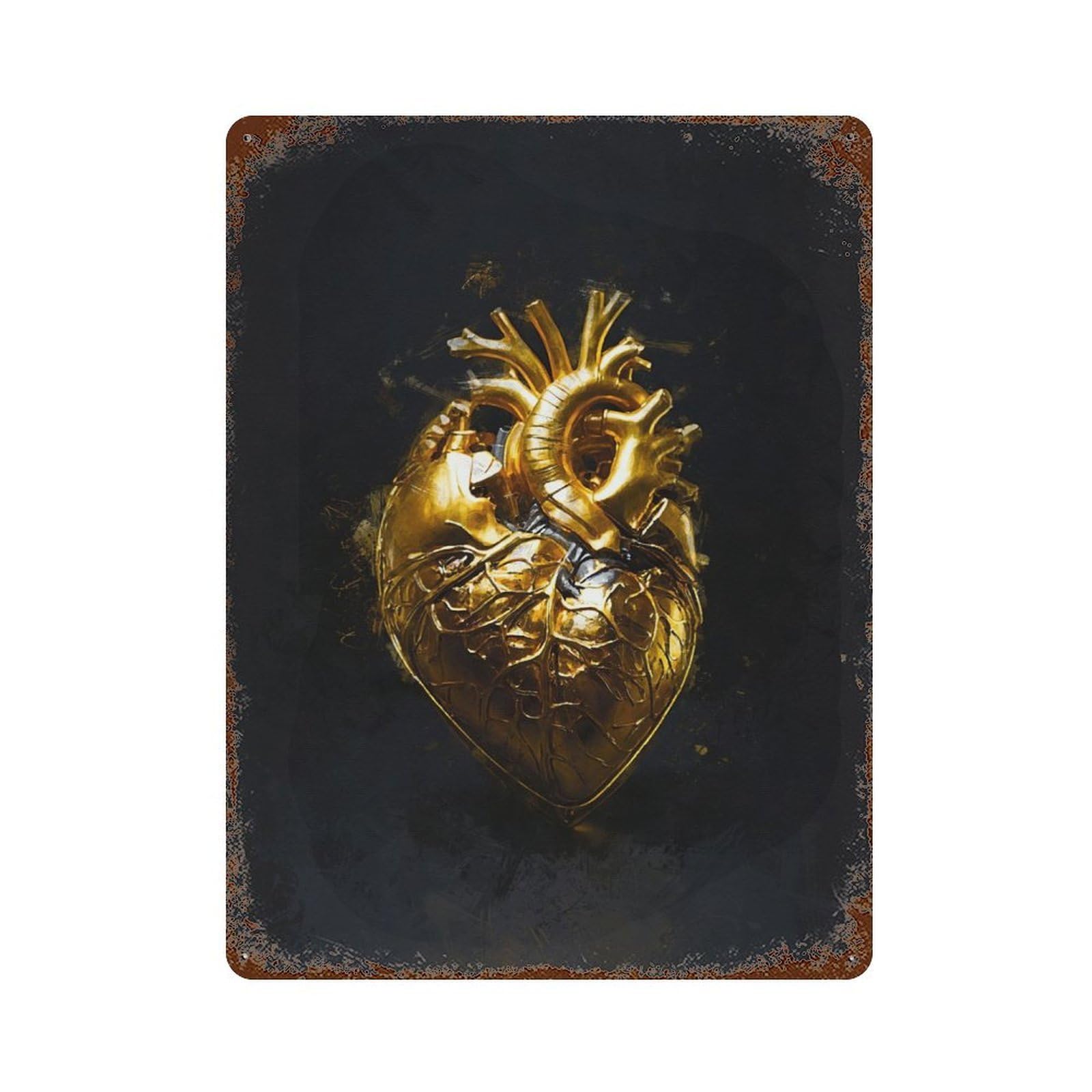 Golden Heart Rusty Metal Tin Sign 15.7"x11.8", Old School Wall Decor for Garage, Pub Or Kitchen
