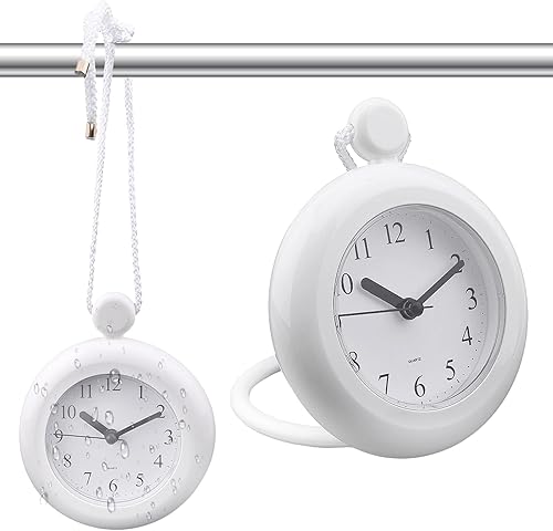 Reloj de ducha de baño impermeable, reloj de cuarzo analógico silencioso de doble propósito, blanco, 4.72 x 5.75 pulgadas