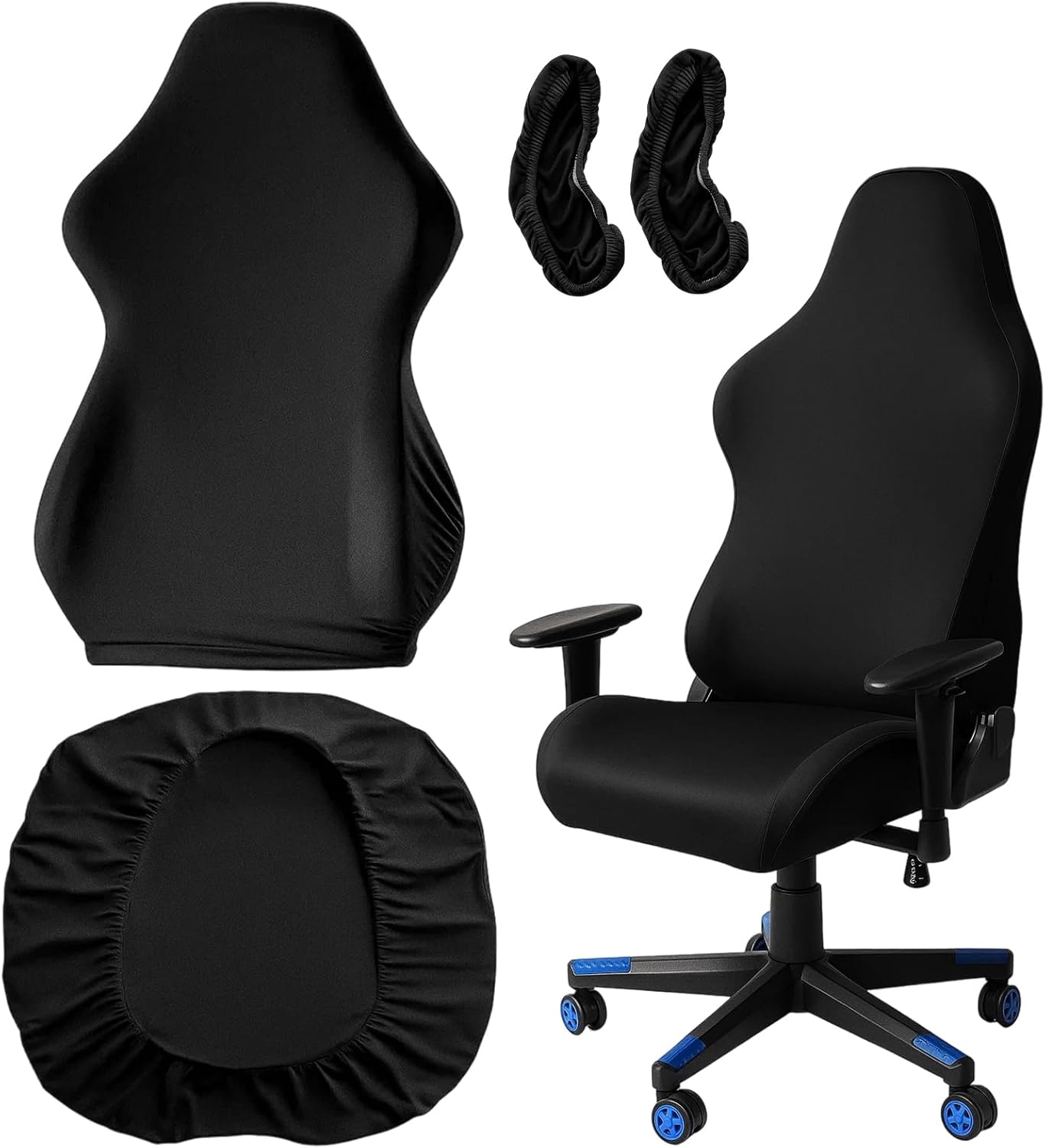 Gaming Chair Cover, Office Chair Cover Set of 4 Pieces, Black Chair Covers for Desk Chairs, Protects from Wear and Tear, Stretchable Fabric for Comfort and Durability
