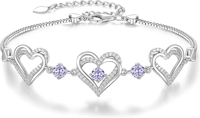 CDE Heart Women Bracelets Birthstone Jewellery for Women 925 Sterling Silver Charm Bracelet Adjustable Wedding Anniversary Birthday Jewelry Gifts for Her Girls Wife Girlfriend