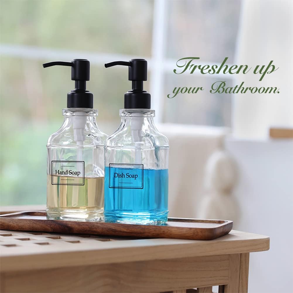 JASAI 2Pack Soap Dispenser with Rustproof Black Stain 304 Stainless Steel Pump, Stylish Hand soap Dispenser with 10Pcs Stickers, Refillable Glass Soap Dispenser for Kitchen & Bathroom. - Image 7